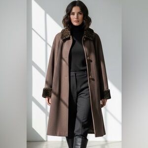 Brown 100% wool coat faux fur collar and cuffs,excellent condition,made in USA,L